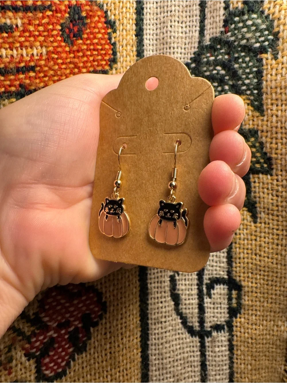 Black Cat Pumpkin Drop Earrings in Orange and Gold